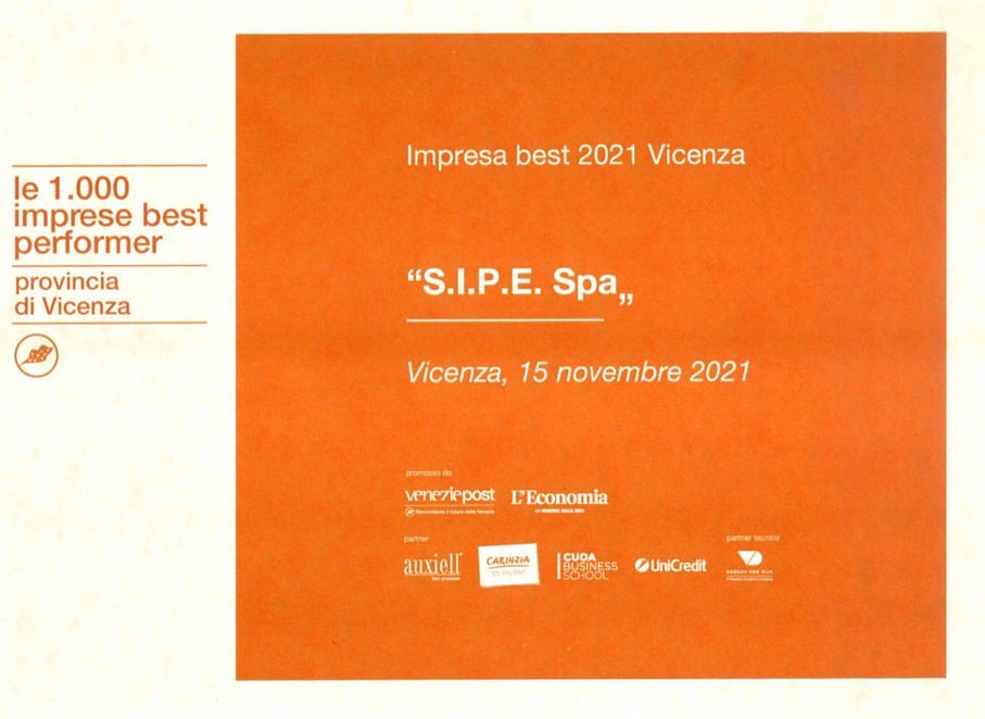 Il 15 Novembre 2021 presso il Teatro Comunale di Vicenza è stato consegnato a SIPE S.p.A. il premio per le 1.000 imprese best performer della provincia di Vicenza. Le mille Best Performer sono imprese dai 5 milioni di fatturato in su che tra il 2017 e il 2019 hanno rispettato una serie di parametri di bilancio positivi: rating ottimo o equilibrato, ebitda uguale o superiore al 3,81%, chiusura del bilancio 2019 in utile. #sipeprefabbricati #prefabbricati #gruppoicm #industrie #commercio #strutture #aziendaitaliana #calcestruzzo #stabilimento #produzioneitaliana #sipesocietàindustrialeprefabbricati